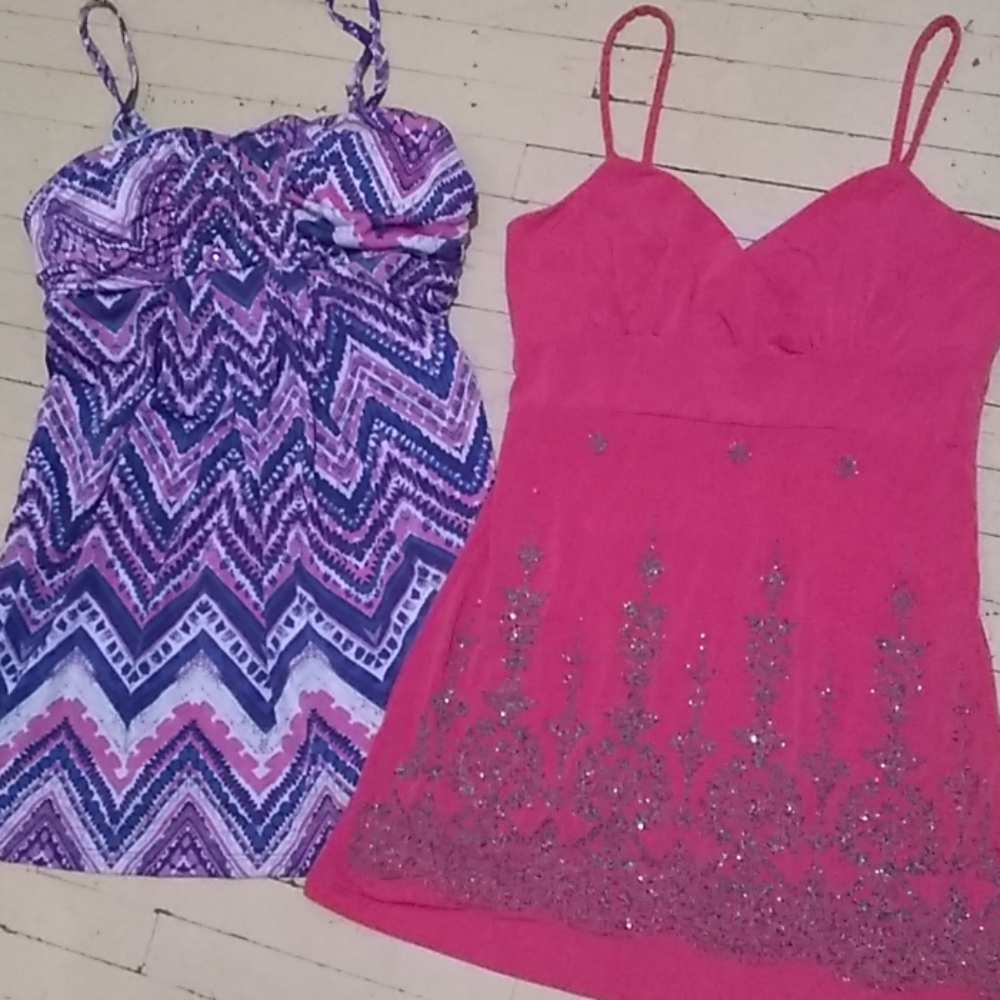 Two silky embellished babydoll cami tops